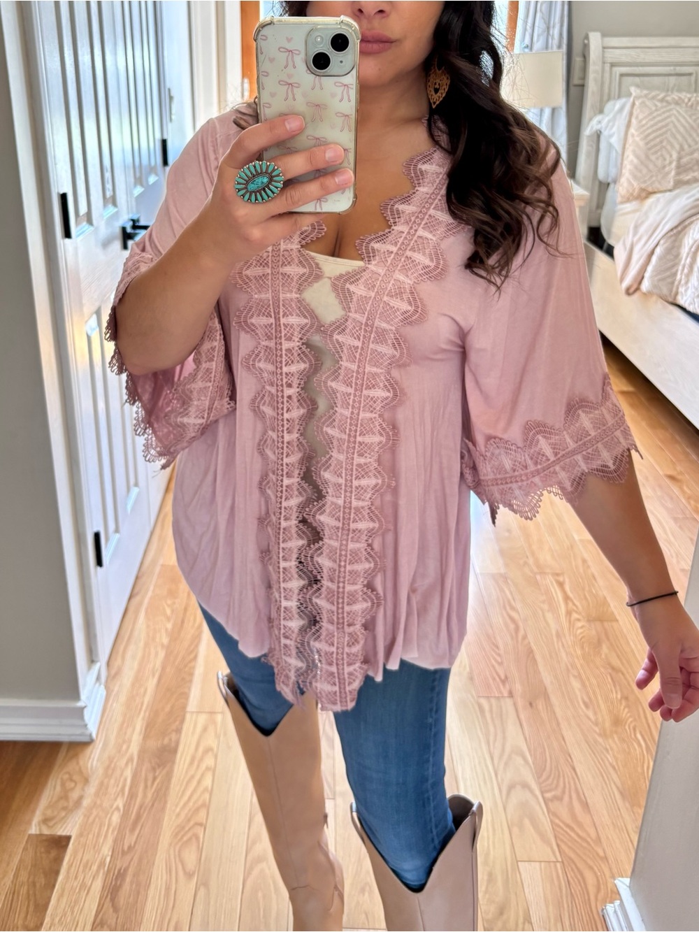POL mineral Wash embroidered lace kimono